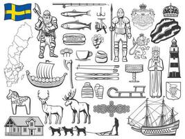 Suecia historia, cocina y cultura íconos vector