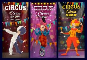 Shapito circus clowns and harlequin characters vector