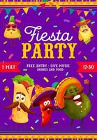 Fiesta party flyer cartoon mexican food characters vector