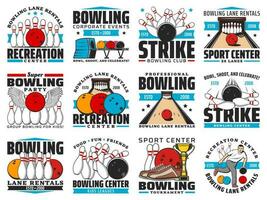 Bowling club tournament, strike pins, balls icons vector