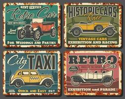 Retro cars rent, taxi service rusty plate vector