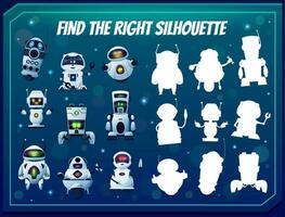 Kids game find the right robot silhouette riddle vector