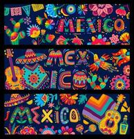 Banners with mexican flowers, papel picado flags vector