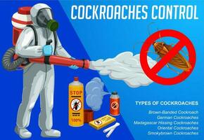 Cockroach insect control with cold fogging method. vector