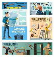 House repair, apartment renovation workers banners vector
