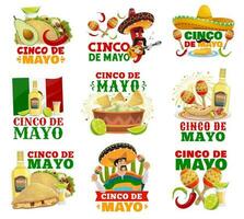 Cinco de Mayo food, sombrero and maracas icons vector