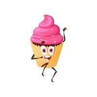 Cartoon funny dancing cupcake character, muffin vector
