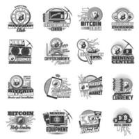 Bitcoin cryptocurrency mining and blockchain icons vector