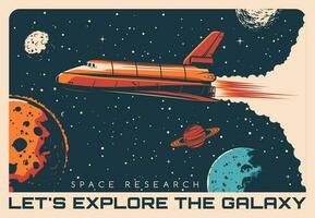 Space exploration, shuttle rocketship retro poster vector