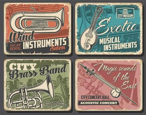 Music instruments and live concert retro posters