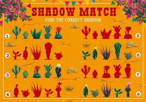 Shadow match game worksheet with mexican cactuses vector
