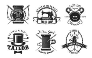 Tailor sewing machine, button and needle icons vector