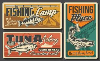 Fishing, fishes and fisherman rod posters, retro vector