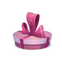 Round pink gift box with bow, vector present