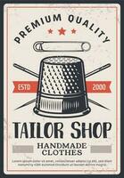 Tailor shop vintage poster, sewing fashion craft vector