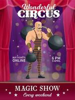 Shapito circus poster, cartoon strongman character vector
