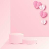 Podium pink 3d background with paper heart for valentine vector