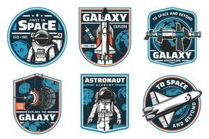 Astronaut academy, galaxy explore vector icons