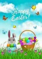 Easter bunny with egg hunt basket in spring grass vector