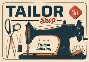 Sewing machine tailor shop poster, vintage card vector