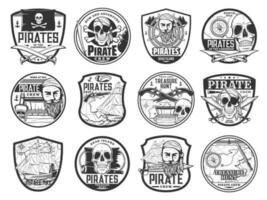 Caribbean pirate and corsair icons, captain, ship vector