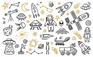 Doodle space planets, astronauts, spaceship, comet vector