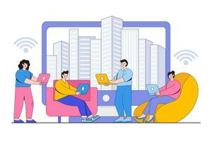 Home office concept. Group of people working at home and looking at computer or laptop screen. Outline design style minimal vector illustration for landing page, web banner, infographics, hero images