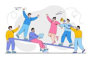 Overweight, cost, power and comparison concept. Groups of people on a swing and outweighs them. Outline design minimal vector illustration for landing page, web banner, infographics, hero images