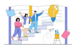 Teaching young people to get knowledge from books concept. Man and woman running up the stairs book to get brain light bulb. Outline design minimal vector illustration for landing page, web banner