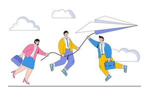 Achievement, move towards the goal concept. Company of people holding on to a thread from a paper plane. Outline design style minimal vector illustration for landing page, web banner, infographics