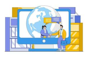 Conclusion of online transaction, opening new startup concept. Businessman and businesswoman handshake via laptop or computer. Outline design minimal vector illustration for landing page, web banner