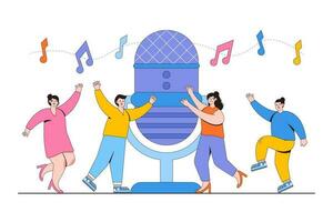 News, interviews, voice acting, sound recording on radio into microphone concept. Group of people dancing and having fun the music. Outline design style minimal vector illustration for landing page