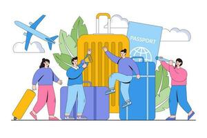 Vacation planning, business trip, hand luggage, travel, tour, suitcase and tourism concept with people character. Outline design minimal vector illustration for landing page, web banner, infographics
