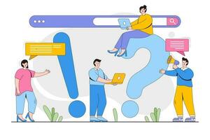Frequently asked questions with exclamations and question marks around people characters. Outline design style minimal vector illustration for landing page, web banner, infographics, hero images