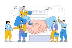 Handshake, conclusion of a contract, successful partnership, cooperation concept with business people character. Outline design minimal vector illustration for landing page, web banner, infographics