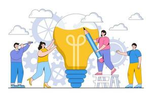 Business brainstorming concept with people character fill the idea in the form of light bulb. Outline design style minimal vector illustration for landing page, web banner, infographics, hero images