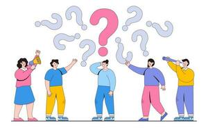 Answer to question concept with people around frequently question marks. Outline design style minimal vector illustration for landing page, web banner, infographics, hero images