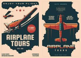 Airplane tours retro posters, air travel, tourism vector