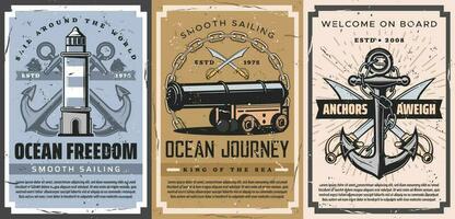 Nautical anchor, sailboat, chain, cannon posters vector