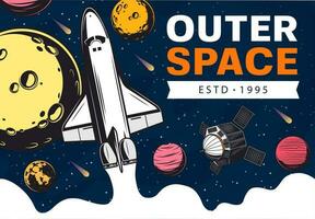 Outer space spaceship, satellite and galaxy planet vector