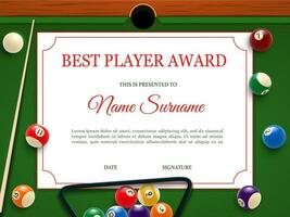 Billiard tournament best player diploma template vector