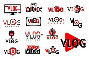 Vlog video icons, tv blog play button, live stream vector