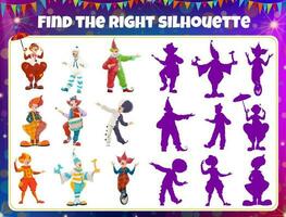 Shadow match game, circus clowns puzzle boardgame vector