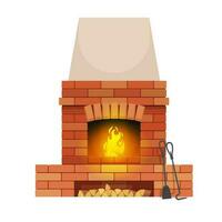 Brickstone fireplace with wood and fire pit tools vector