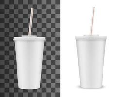 Realistic 3D plastic cup with lid and straw mockup vector