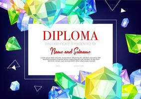 Kids diploma certificate, crystals and gems jewels vector