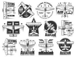 Flying academy, pilot school and air tour icon set vector