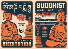 Buddhist center, buddhism religion retro posters vector