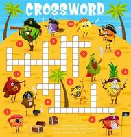 crucigrama juego, dibujos animados frutas piratas caracteres vector