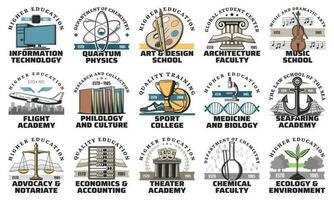 University and academy isolated vector icons set